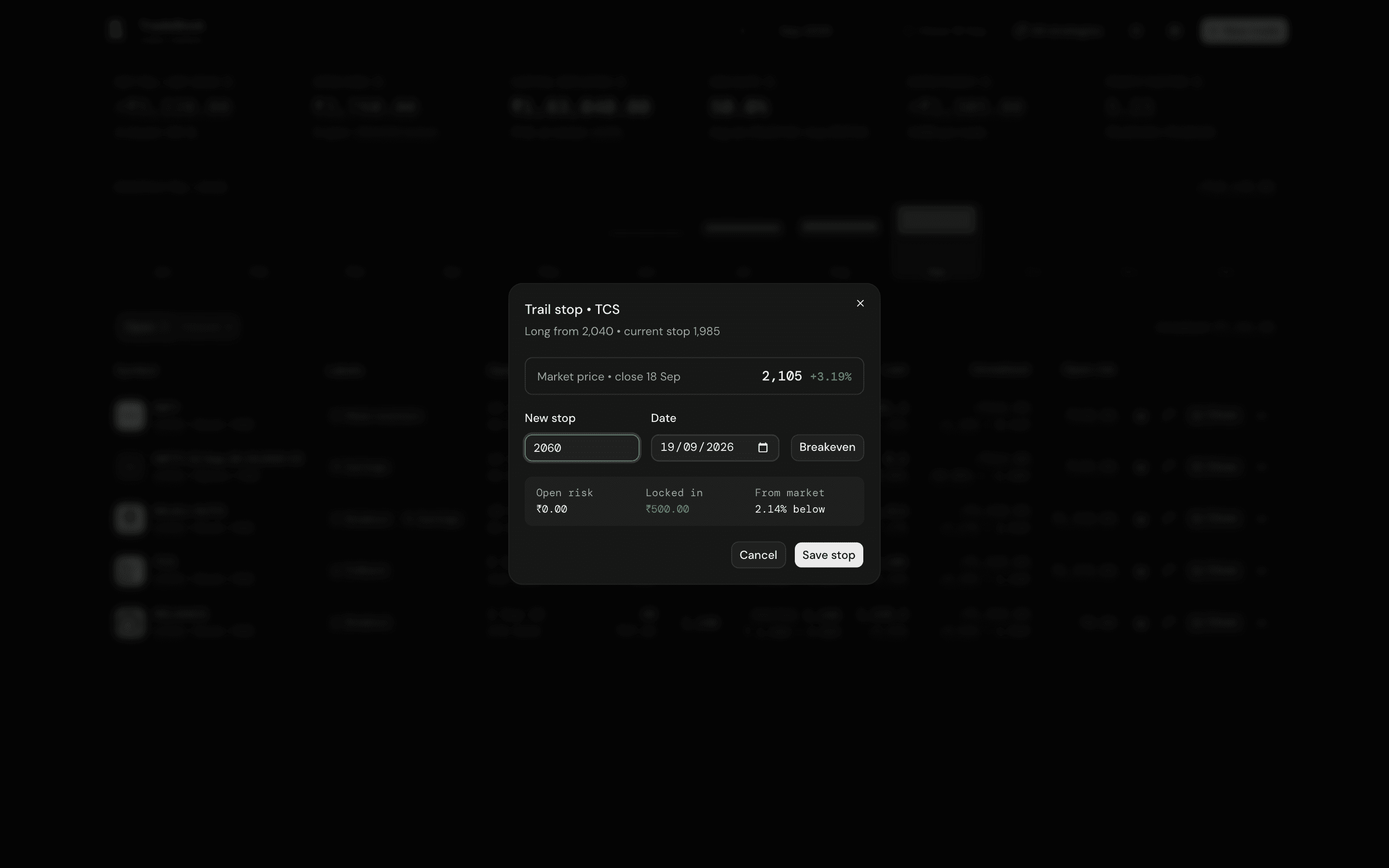 Trail stop dialog showing market price, locked-in profit and distance from market